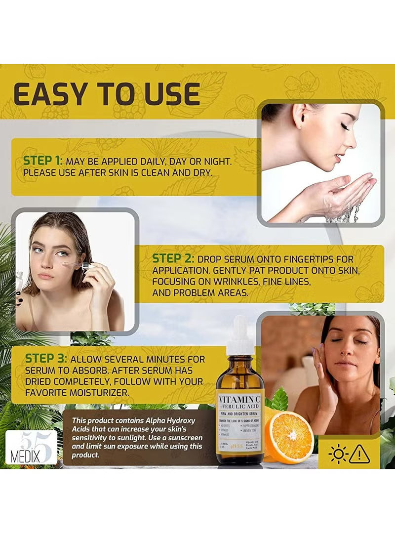 Vitamin C Serum with Glycolic Acid, Ferulic Acid & Lactic Acid Skin Brightening Serum for Dark Spots, Wrinkles, Skin Discolorations & Dry Skin 1.75 FL Oz