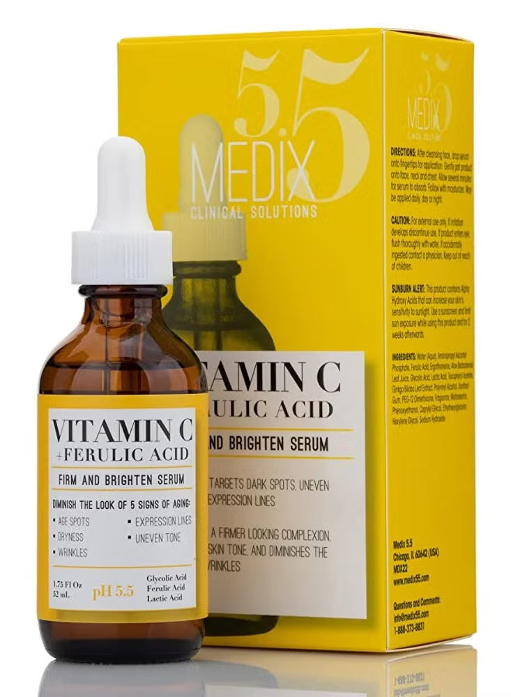 Vitamin C Serum with Glycolic Acid, Ferulic Acid & Lactic Acid Skin Brightening Serum for Dark Spots, Wrinkles, Skin Discolorations & Dry Skin 1.75 FL Oz