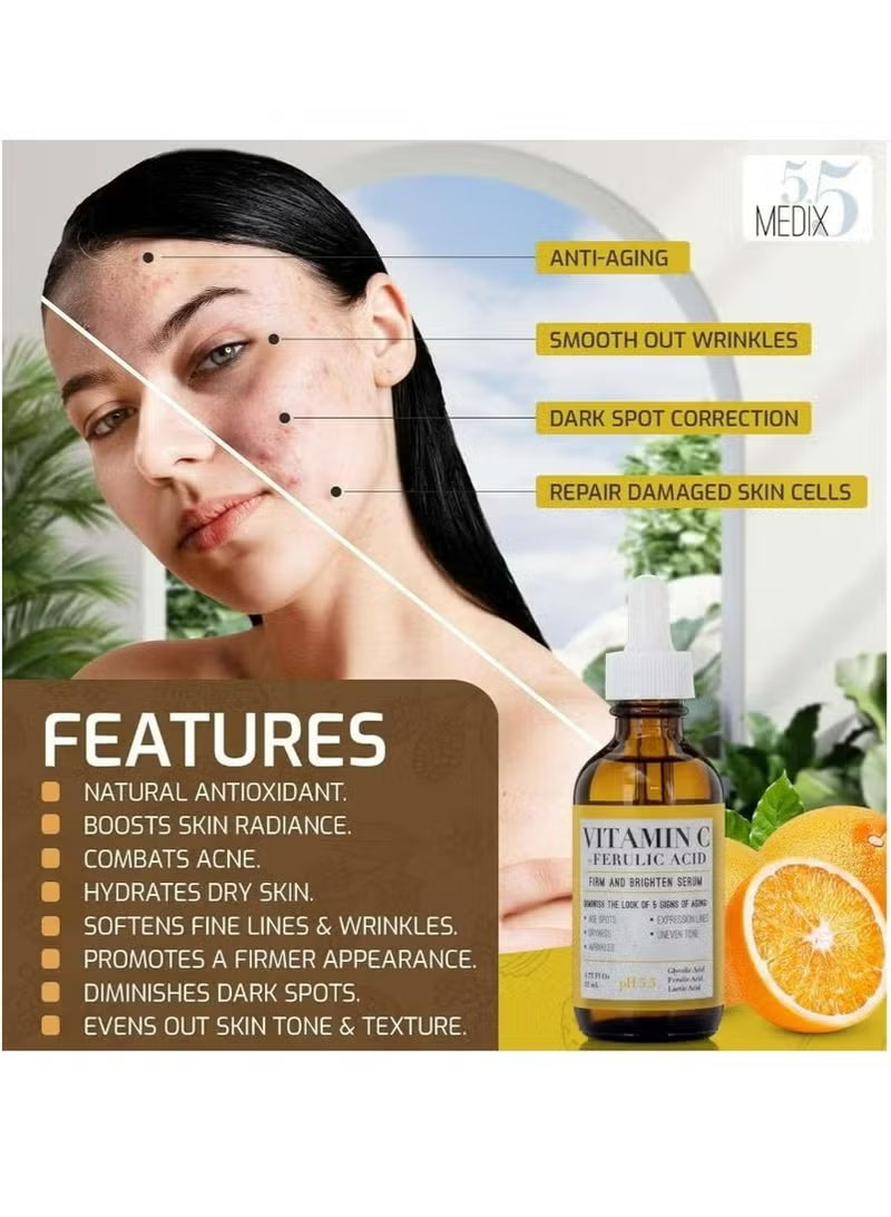 Vitamin C Serum with Glycolic Acid, Ferulic Acid & Lactic Acid Skin Brightening Serum for Dark Spots, Wrinkles, Skin Discolorations & Dry Skin 1.75 FL Oz