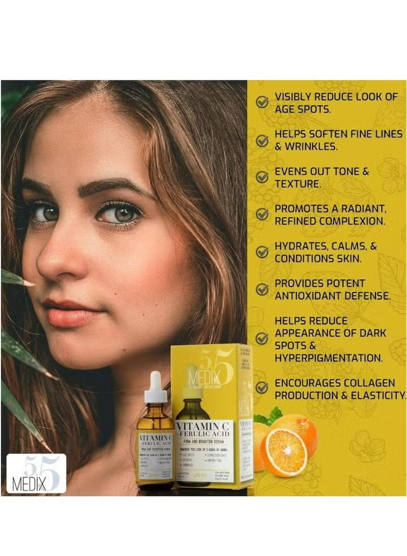 Vitamin C Serum with Glycolic Acid, Ferulic Acid & Lactic Acid Skin Brightening Serum for Dark Spots, Wrinkles, Skin Discolorations & Dry Skin 1.75 FL Oz